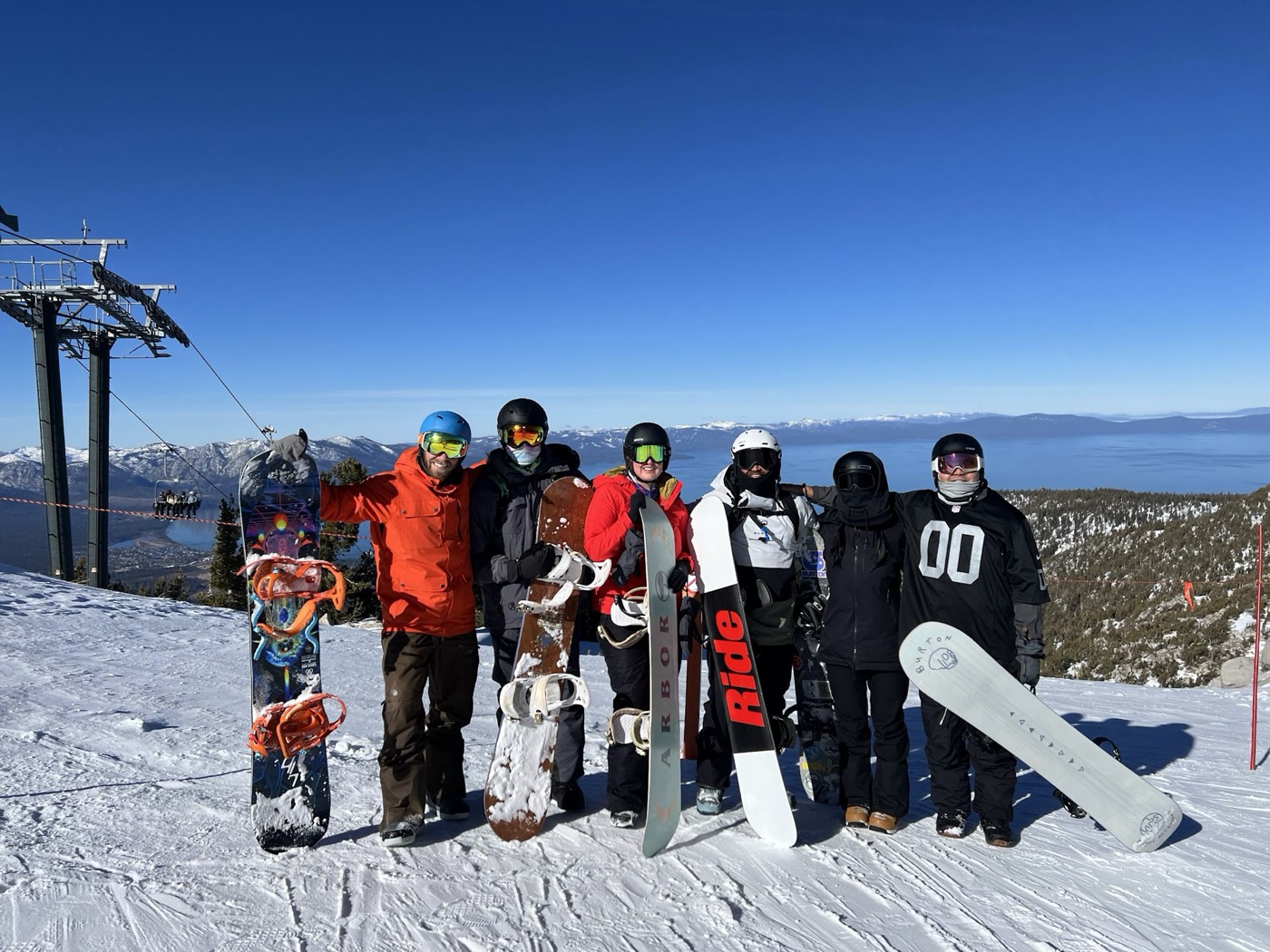 Rob Roderick (Robert Roderick) and friends with snowboards above Lake Tahoe Rob Roderick (Robert Roderick) and friends with snowboards above Lake Tahoe